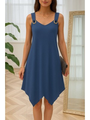 Janes Kadın Askılı Yuvarlak Yaka Kuş Gözü Detaylı Asimetrik Viskon Elbise