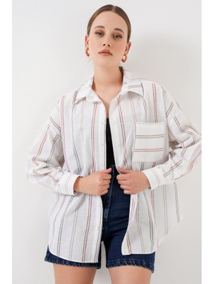 Janes Çizgili Oversize Gömlek 20278 - B.beyaz