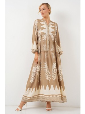 Janes 2423 Otantik Desenli Tesettür Elbise - M. Camel