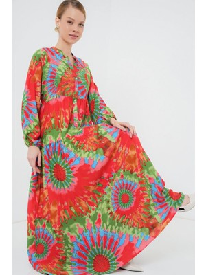Janes 2423 Otantik Desenli Tesettür Elbise - L. Kırmızı