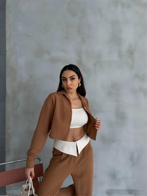 Janes Keten Gömlek-Crop-Salaş Pantolon Takım - Kahverengi