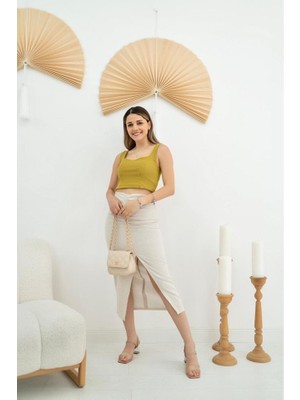 Janes Bej Yırtmaçlı Etek