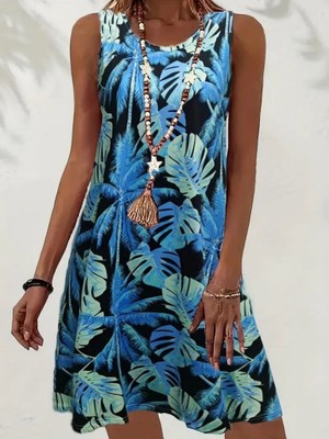 Janes Kadın Mavi Yaprak Baskılı Askılı Süprem Elbise