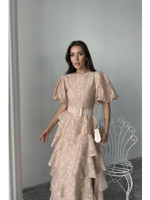 Janes Bej Kat Kat Balon Kollu Kemerli Elbise