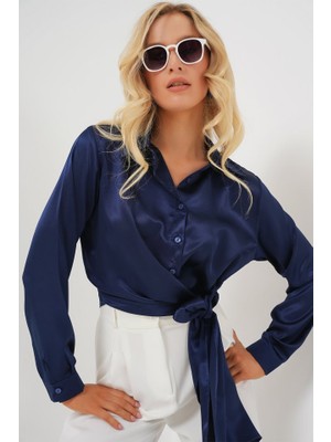 Janes Bağlamalı Uzun Kol Saten Gömlek 20287 - Lacivert