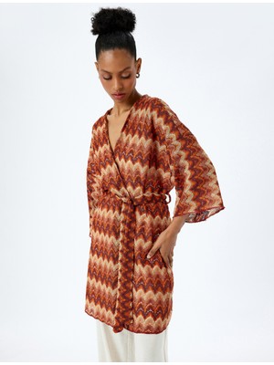 Koton Uzun Geniş Kol Kemerli Desenli Uzun Kimono