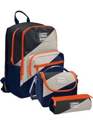 Coral High Ilkokul ve Ortaokul Okul Çanta Üçlüsü - Erkek Çocuk, Lacivert Bej Renkli Çizgili