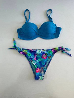 Kadın Mavi Taş Işlemeli Desenli Astarlı Bikini Takım HZL25S-LC203
