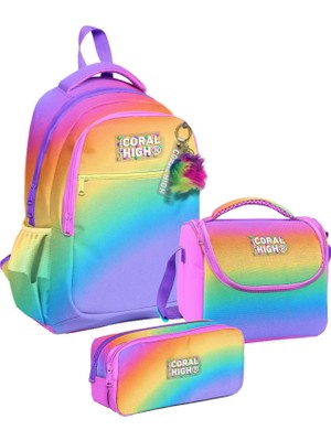Coral High Üç Gözlü Çok Renkli Renk Geçişli Gradyan, Kız Çocuk, Ilkokul Üçlü Okul Çanta Seti