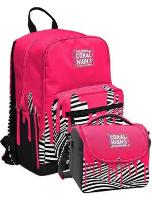 Coral High Ilkokul ve Ortaokul Sırt Çantası ve Beslenme Seti - Kız Çocuklar Için Pembe Siyah Beyaz Boya Desenli