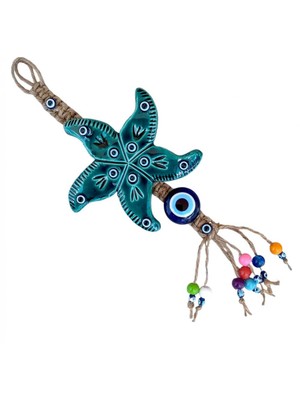 Ovebu Deniz Yıldızı Seramik Duvar Süsü, Jüt ve Boncuk Detalı