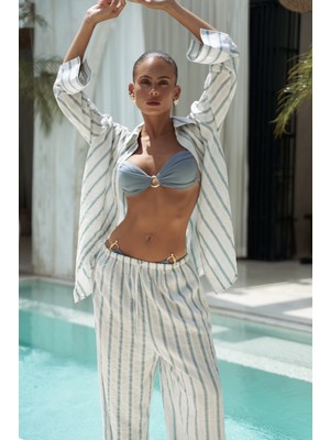 Mai Priskiana Bağcıklı Mavi Pantolon Gömlek Takım