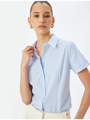 Koton Klasik Yaka Çizgili Kısa Kollu Poplin Gömlek