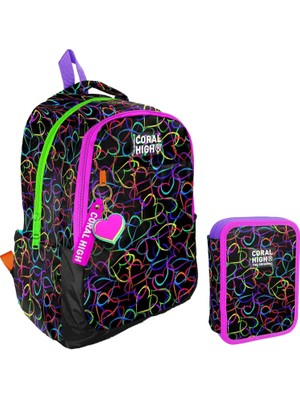 Coral High Kalp Baskılı Siyah Pembe Kız Çocuk Okul Çantası ve Organizer Kalemlik Seti 23670+11145