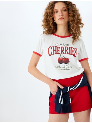 Koton Kiraz Baskılı Biyeli Bisiklet Yaka Kısa Kollu Tişört