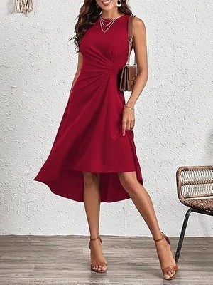 Defy Moda Kadın Sıfır Kollu Bisiklet Yaka Büzgülü Asimetrik Kesim Detaylı Janjan Krep Elbise