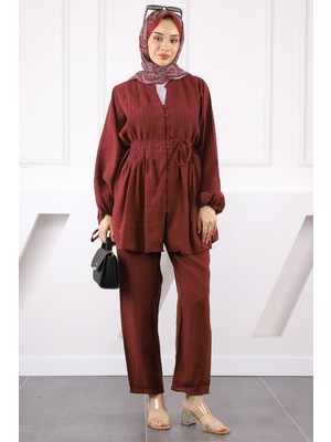 Bordo Nervürlü Tunik Pantolonlu Takım