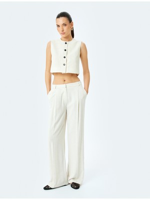 Koton Yuvarlak Yaka Keten Karışımlı Düğmeli Kolsuz Crop Yelek