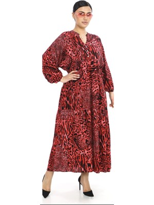 Büyük Beden Leopar Desenli Yazlık Pamuklu Viskon Kumaş Balon Kol Tesettür Elbise