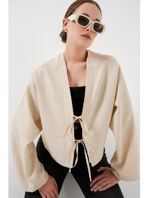 Önü Bağlamalı Keten Kimono 960 - Krem