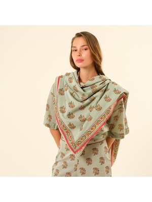 Zsa Zsa Zsu Gaya El Baskısı Fular 115x115 Cm Yeşil