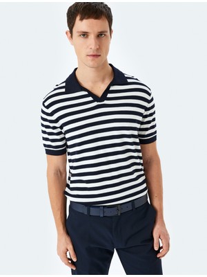 Koton Viskon Çizgili Kısa Kollu Polo V Yaka Triko Tişört