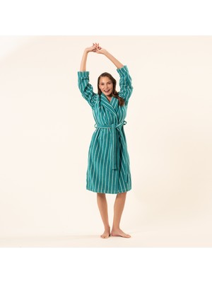 Solıd Geniş Çizgili Iplik Boyalı Pamuk %100 Pamuk Bornoz - Koyu Yeşil