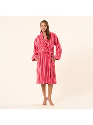 Solıd Geniş Çizgili Iplik Boyalı Pamuk %100 Pamuk Bornoz - Fuşya