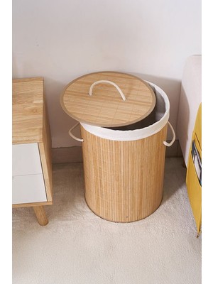 Ironika Elite Bambu Kirli Çamaşır Sepeti Halatlı Bambu Çamaşır Oyuncak Sepeti Yuvarlak 1 Adet