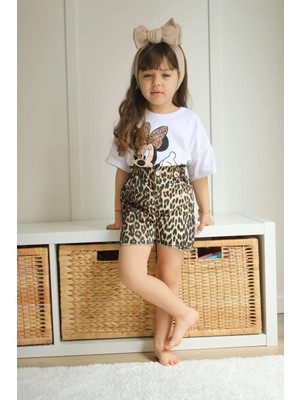 Cg Kids Minnie Mouse Yıkamalı Ince Leopar Desenli Kot Şort Alt Üst Takım Kız Çocuk