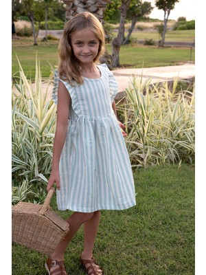 Breeze Kız Çocuk Elbise Arkası Düğme Detaylı Kol Kısmı Fırfırlı 3-8 Yaş, Ekru