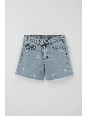 Breeze Kız Çocuk Şort Jean Papatya Nakışlı Paçası Püskül Detaylı 10-14 Yaş, Açık Mavi