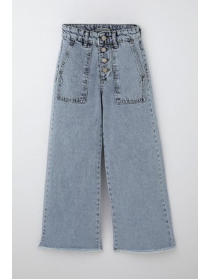 Breeze Kız Çocuk Jean Pantolon Geniş Paça Düğmeli Paçası Püskül Detaylı 10-14 Yaş, Açık Mavi