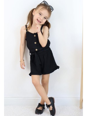 BREEZE Kız Çocuk Şortlu Tulum Düğmeli Beli Kuşaklı 4-9 Yaş, Siyah