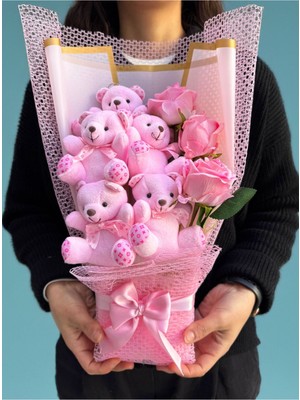 Lenostra Elite Pembe Güllü ve Pembe Ayıcıklı Hediye Buket 1 Adet Romantik Çocuklar İçin
