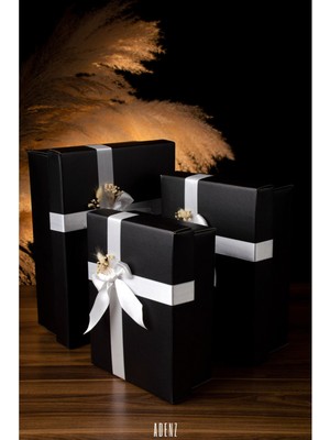 Adenz Hediye Bohça Çeyiz Kutusu 3'lü Set 1. Sınıf Saten Kurdeleli Kuru Çiçek Süsleme