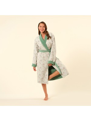 Tabea Şal Yaka Müslin Pamuk %100 Pamuk Bornoz - Yeşil