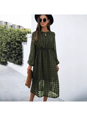 Modavera Kadın Uzun Kollu Astar Detay Fırsat Ürün Ponpon Şifon Elbise