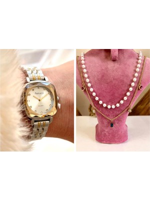 Ferrucci Kare Kadran Retro Model Kadın Kol Saati+Çelik Kolye Hediye