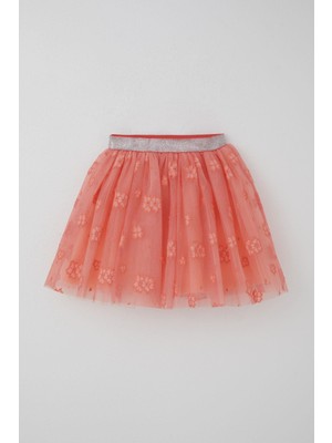 Breeze Kız Çocuk Tütü Etek Çiçek Nakışlı Beli Lastikli Simli 5-10 Yaş, Somon