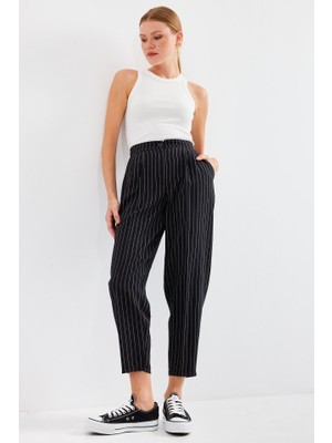 Modavera 6637 Yüksek Bel Çizgili Kumaş Pantolon - Siyah