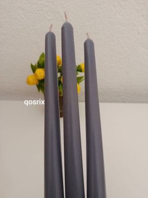 Qosrix 3'lü Gri Şamdan Soya Mumu Doğal Vanilya Kokulu Uzun Çubuk Konik Mum Dekoratif