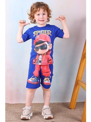 Pjkskt Örümcek Adam Desenli Saks Mavi Şortlu Erkek Çocuk Kısa Kol Takım 7517-SM