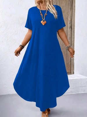 Kadın Kısa Kollu Bisiklet Yaka Cepli Salaş Viskon Elbise