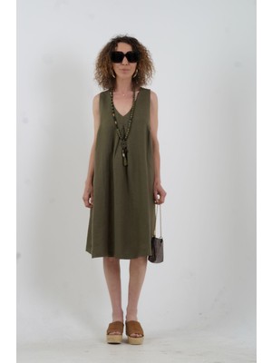 Haki Önü Pileli V Yaka Keten Elbise