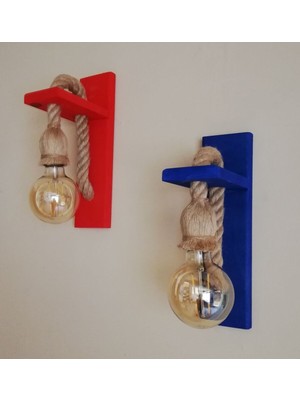 Dekoratif Duvar Lambası Kırmızı,mavi 2li Ahşap Aplik E27 Duylu