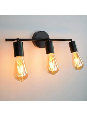 Retro 3 Lü Siyah Metal 180 Derece Mafsallı Dekoratif Rustik Tavan Duvar Aplik