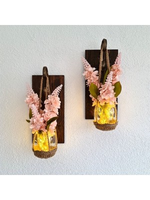 Duvar Dekoru, LED Işıklı, Pembe Şebboy Çiçekli, Ceviz Aplik Ikili Set