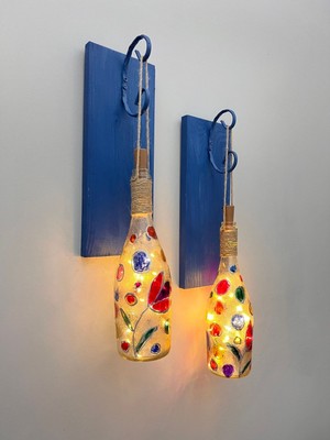 LED Işıklı Ahşap Koyu Mavi Renkli Vitray Cam Salon Bar Bahçe Dekoru Şampanya Şişesi Aplik 2'li Set