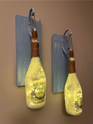 Tıpa Peri LED Işıklı Mavi Eskitme Ahşap Buzlu Cam Şampanya Şişesi Duvar Aplik 2'li Set